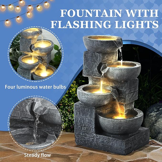 Outdoor Water Fountains with Cascading Bowls, 4-Tiers Fountains and Waterfalls w/LED Lights,Indoor Morden Floor Standing Resin Water Feature for Garden Patio Backyard Home Decor (Light Grey) - Bloomnest