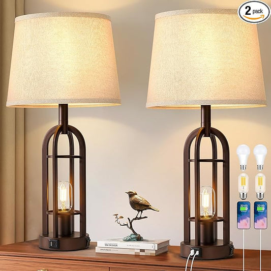 Table Lamps for Living Room End Table Set of 2 - Farmhouse Industrial Bedside Lamps for Bedroom Nightstand with Nightlight and USB A+C, 4 Bulbs Included - Bloomnest