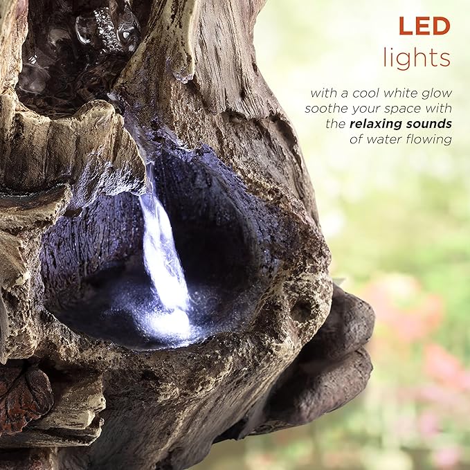 Alpine Corporation WIN326 Indoor Tabletop Light-Up Tiered Rainforest Tree Trunk Water Fountain with LED Lights, 11", Brown - Bloomnest