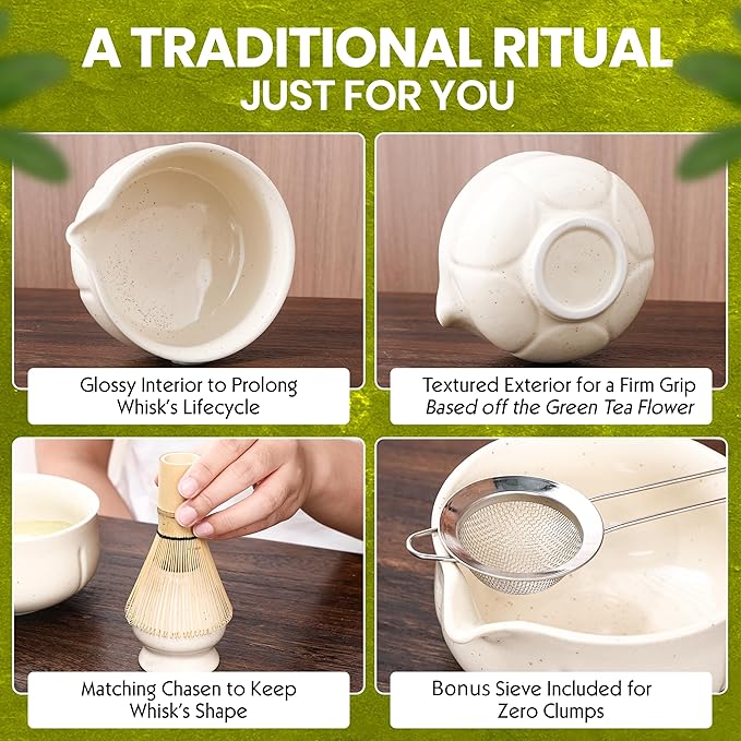 Matcha Whisk Set – 5 Piece Japanese Matcha Tea Set w/Ceramic Matcha Bowl, 100-Prong Bamboo Whisk & Holder, Scoop, & Stainless Sifter – Traditional Matcha Making Kit (Off-White) - Bloomnest