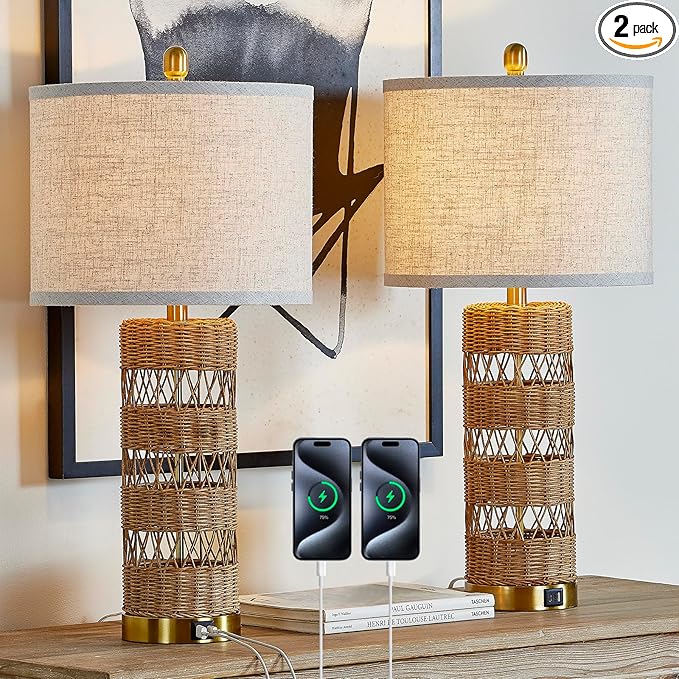 Boho Rattan Stylish & Functional & Versatile Decor USB Table Lamps Set of 2-28" Farmhouse Bedside Lights,Bulbs Included - Bloomnest