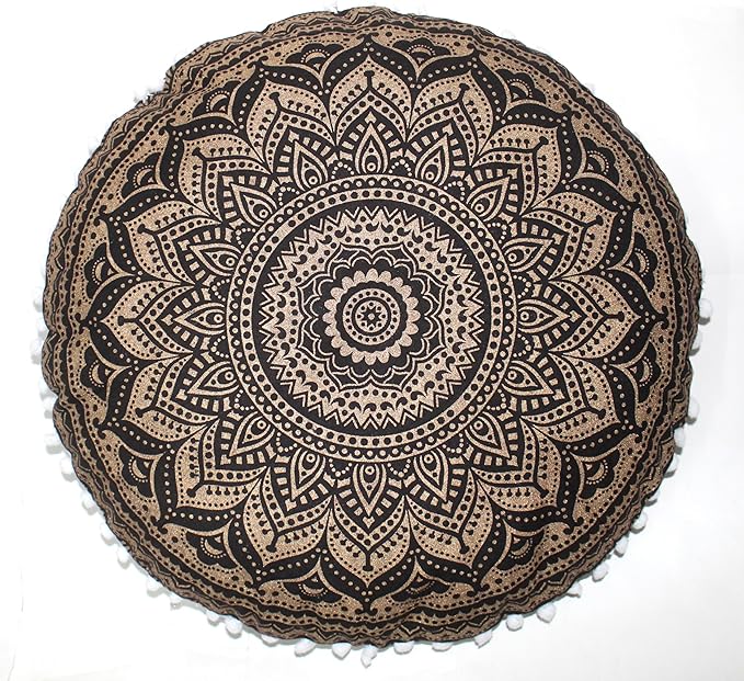 CRAFT KALA Large Round Bohemian Floor Pillow Pouf Cover Mandala Meditation Room Pillow Cover for Adults Boho Seating Poufs Cushion Cover for Kids Playroom 32" Black Gold Ombre - Bloomnest