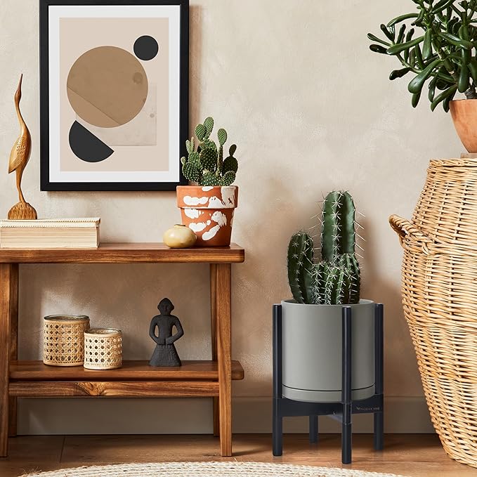 D'vine Dev Ceramic Planter with Ebony Stand - 10 Inch Modern Round Flower Pot with Wood Planter Holder, Grey, 55-B-L-3 - Bloomnest