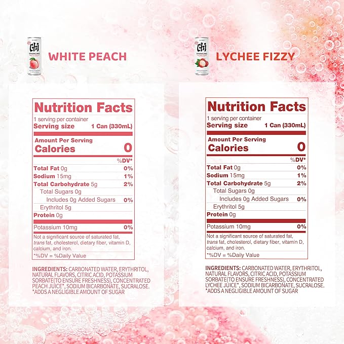 CHI FOREST Sparkling Water Beverage, Lychee & White Peach, 2 Flavors, Zero Sugar, 11.16 fl oz Cans (Pack of 24) - Bloomnest
