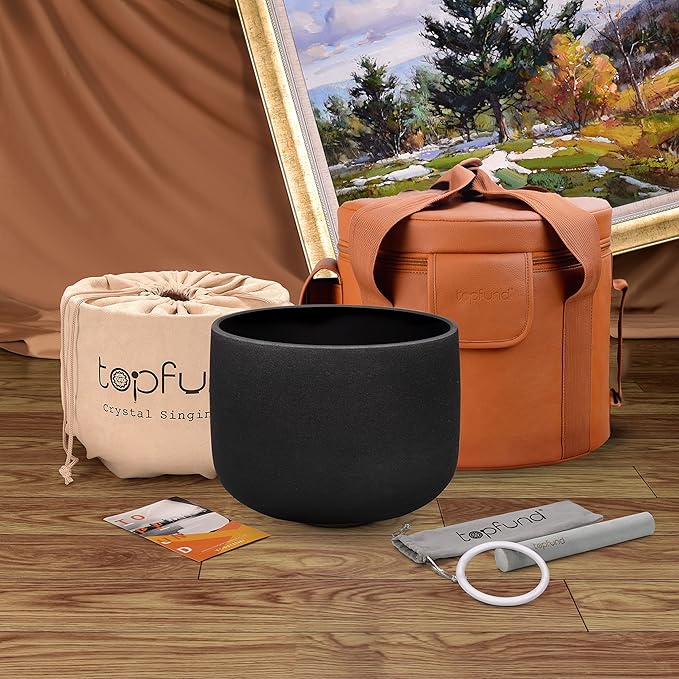 TOPFUND Black E Note Crystal Singing Bowl Solar Plexus Chakra 10 inch with Artificial Leather Carrying Case and Suede Mallet