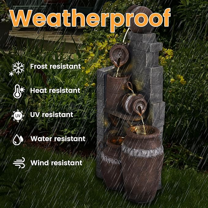 6-Tiers Garden Waterfall Fountain Outdoor - 31’5''H Water Fountains and Waterfalls, Large Outdoor/Indoor Floor Standing Resin Water Fountain with LED Light for Patio, Garden and Home (31.5”H) - Bloomnest