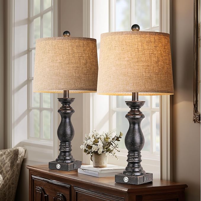24.5" Table Lamp Set of 2, Rustic Farmhouse Bedside Lamps with USB A+C Charging Ports, 3-Way Dimmable Touch Control Nightstand Lamps for Living Room Bedroom, Antique Black, LED Bulbs Included - Bloomnest
