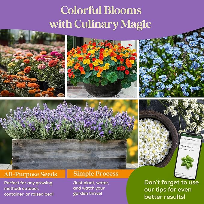 24 Gourmet Culinary Flower Seeds Variety Pack - 7,790+ Non-GMO Heirloom Flower Seeds for Planting Indoor & Outdoor Home Garden - Culinary Flowers Seed Packets for Planting Edible Flowers - Bloomnest