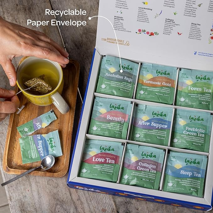 Lazika Herbal Tea Variety Pack with Lovely Presentation Box, 54 Counts, Holistic Wellbeing Tea Assortment Gift Set, Premium Collection with Pyramid Infuser Bag, Handcrafted - Bloomnest