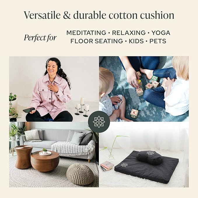 Mindful & Modern Large Meditation Cushion | Zafu Yoga Bolster Meditation Floor Pillow Seat | Buckwheat Hull Filled Crescent Shaped Cushion with Removable Washable Cover + Carry Handle - Bloomnest