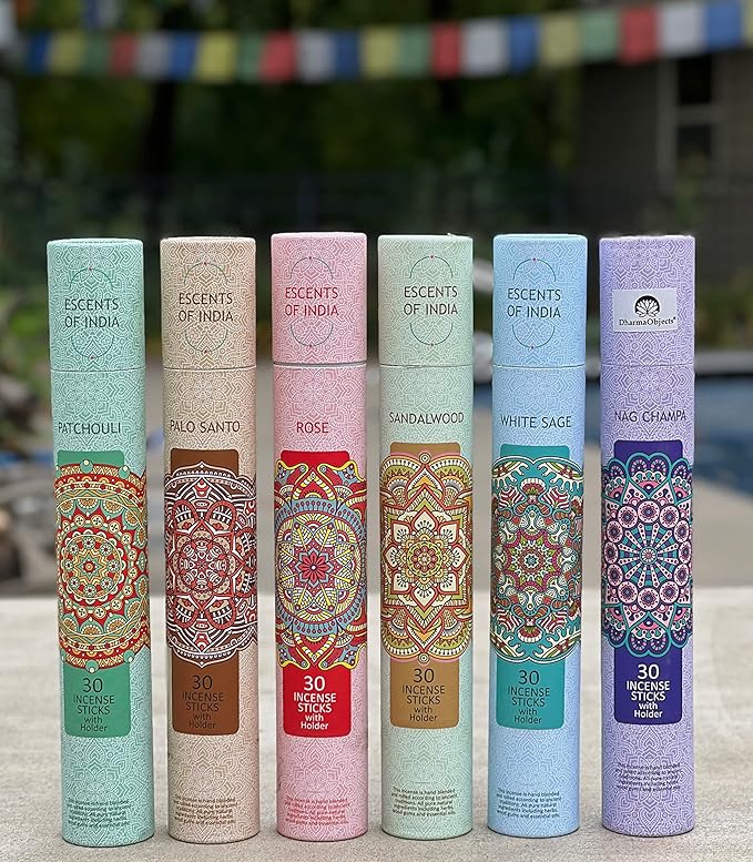 DharmaObjects Premium 180 Incense Sticks - Mix 6 Fragrances, Palo Santo, Sandal Wood, Nag Champa, White Sage, Rose and Patchouli Incense Gift Set Include 6 Holders DharmaObjects