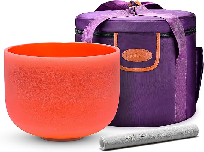 TOPFUND 440 Hz Orange D Note Crystal Singing Bowl Sacral Chakra 10 Inch with Heavy Duty Carrying Case and Suede Mallet