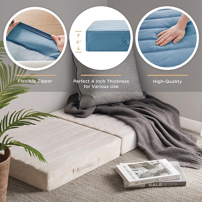 Codi High Density Foam Floor Pillow 2 Sets, Large Meditation Cushions Seating for Adults and Yoga Sitting, Washable Thick Couch Cushion with Soft Tufted Covers - 22 inch Blue