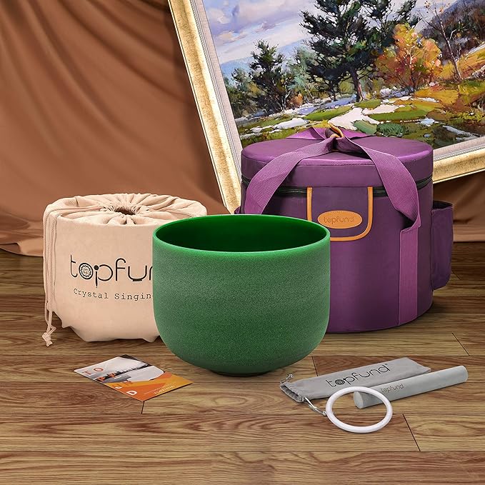TOPFUND Green F Note Crystal Singing Bowl Heart Chakra 8 inch with Heavy Duty Carrying Case and Suede Mallet