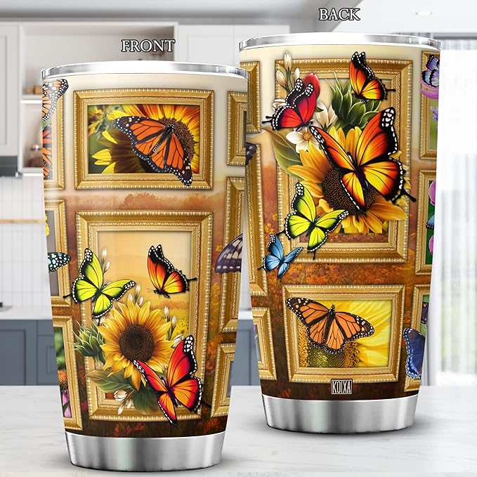 Sunflower Print Tumbler 20 Oz Monarch Butterfly Coffee Cup With Lid Butterflies Sunflowers Gifts For Women Birthday Present Stainless Steel Mug Vintage Floral Flowers Animals - Bloomnest
