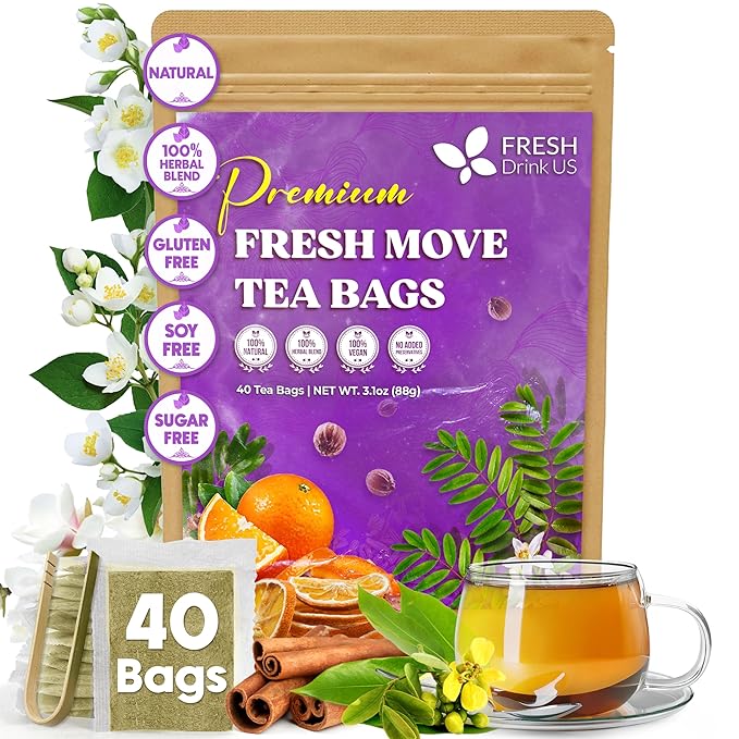 FreshDrinkUS, Fresh Move Tea – 40 Tea Bags - Herbal Tea Blend with Senna Leaves, Cinnamon, Orange Peel, Ginger & More – Caffeine-Free, Natural Ingredients – Smooth Flavor for Everyday Enjoyment - Bloomnest