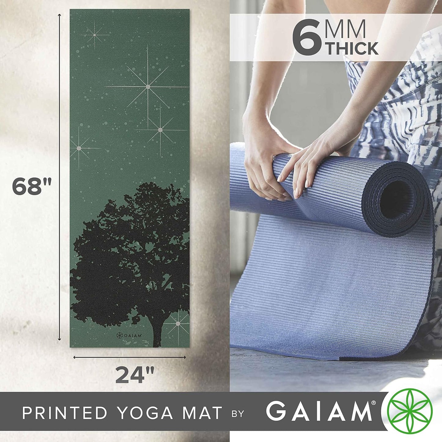 Gaiam Yoga Mat - Premium 6mm Print Extra Thick Non Slip Exercise & Fitness Mat for All Types of Yoga, Pilates & Floor Workouts (68"L x 24"W x 6mm Thick)
