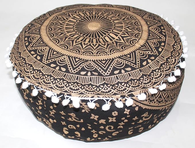INDIAN CRAFT CASTLE ICC Mandala Barmeri Large Floor Pillow Cover Cushion Meditation Seating Ottoman Throw Cover Hippie Decorative Zipped Bohemian Pouf Ottoman Cases Black Gold, 18" Round - Bloomnest