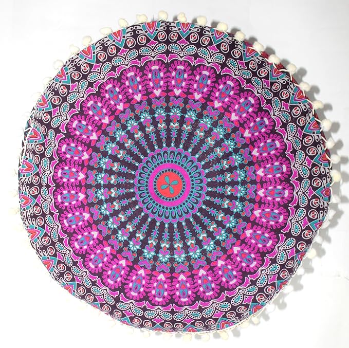 INDIAN CRAFT CASTLE ICC Mandala Barmeri Large Floor Pillow Cover Cushion Meditation Seating Ottoman Throw Cover Hippie Decorative Zipped Bohemian Pouf Ottoman Cases Pink Peacock 16" Round - Bloomnest