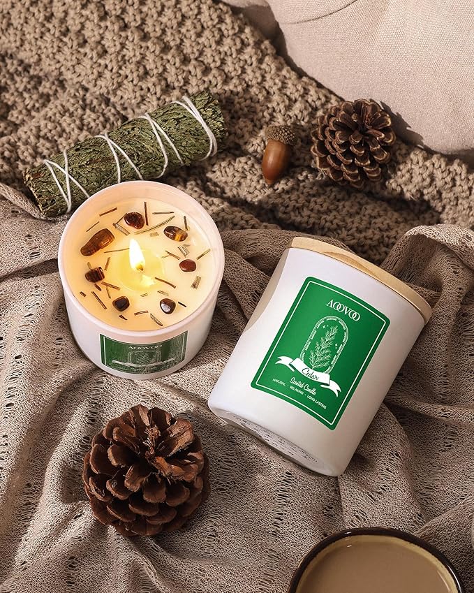AOOVOO Cedar Scented Candles for Women - Aromatherapy Candle with Crystals Inside, 10oz Soy Candles for Home Scented, Birthday Gifts Christmas Candle for Women Mom - Bloomnest