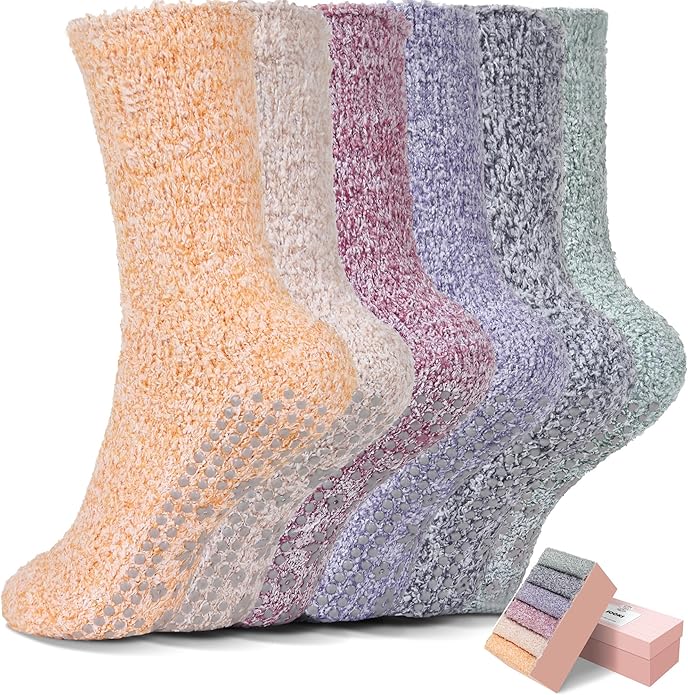 HUGSWEET 6 Pairs Thick Fuzzy Socks with Grip Cozy Non Slip Hospital Socks Home Fluffy Warm Slipper Socks Gifts for Women - Bloomnest