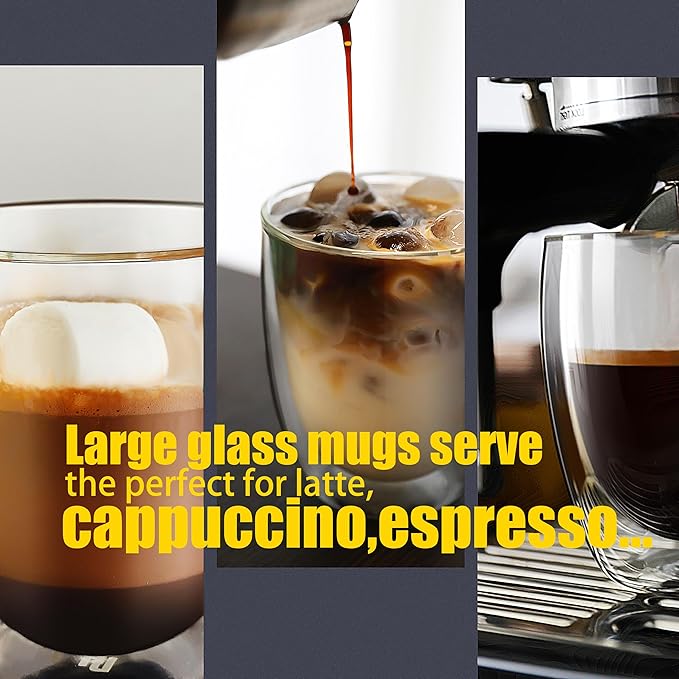 PunPun 17OZ. 500ml Clear Coffee Mugs, Glass for Coffee, Double Wall Insulated Glass Mugs with Big Handle, Every Day for Americano, Latte, Cappuccinos and Beverage.Set of 4 - Bloomnest