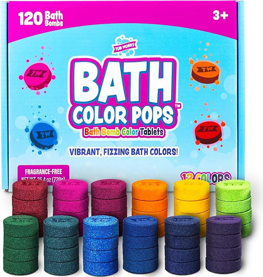 Tub Works® Bath Color Pops™ Moisturizing Kids Bath Bombs, 120 Count | Bath Bomb Refills for Bath Color Brush | Nontoxic & Fragrance-Free | 12 Unique Colors | Fizzy, Vibrant Water Color Tablets - Bloomnest