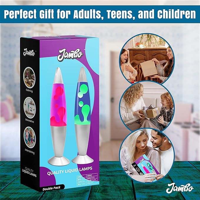 JAMBO 2 Pack- 16" Beautiful Lamp- Blue with Yellow/Green Wax and Purple with Pink Wax, Relaxing Liquid Lamp, Night Light Nightlight, Lamps for Adults Teens Kid - Bloomnest