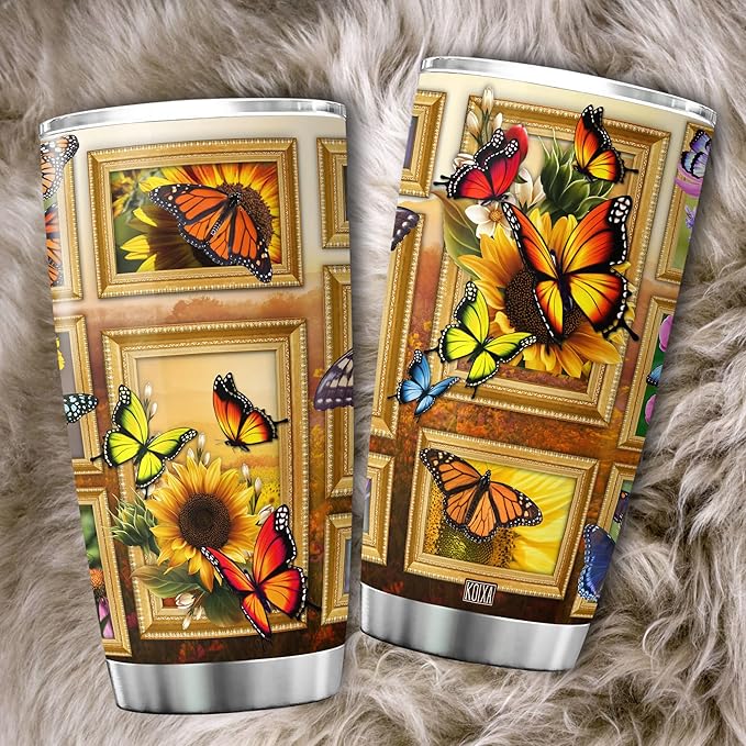 Sunflower Print Tumbler 20 Oz Monarch Butterfly Coffee Cup With Lid Butterflies Sunflowers Gifts For Women Birthday Present Stainless Steel Mug Vintage Floral Flowers Animals - Bloomnest