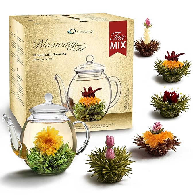 Creano Tea Flowers Mix Golden Gift Set Blooming Tea with Glass Teapot White, Green & Black Tea in 6 Varieties Tea Flower Blooming Tea Gift for Women - Bloomnest