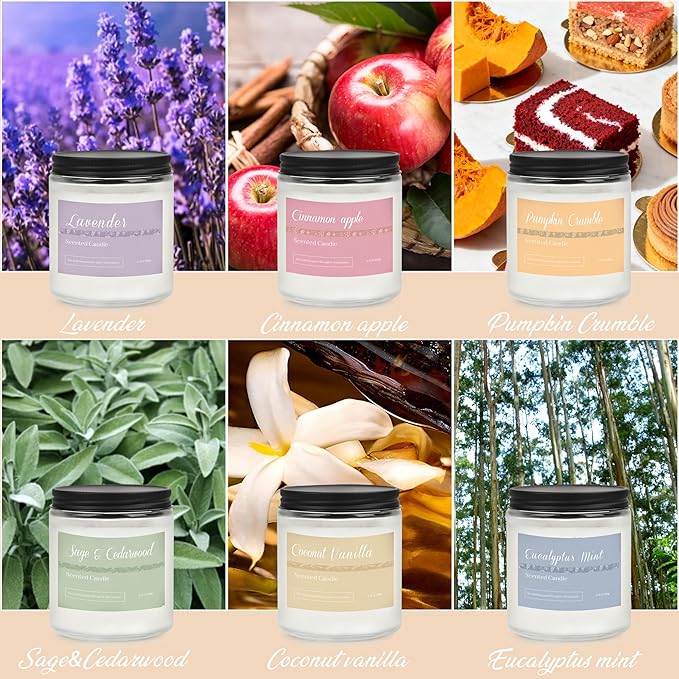 6 Pack Fall Candles for Home Scented, Fall Scented Candles for Women Gifts Autumn Home Decor, Natural Non Toxic Soy Candle Set Pumpkin/Cinnamon Apple/Vanilla/Lavender/Sage/Eucalyptus - Bloomnest