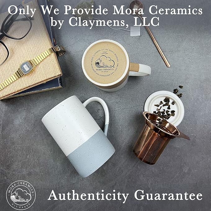Mora Ceramics Tea Cup with Loose Leaf Infuser, Spoon and Lid, 12 oz, Microwave and Dishwasher Safe Coffee Mug - Rustic Matte Ceramic Glaze, Modern Herbal Tea Strainer - Great Gift for Women, Flint - Bloomnest