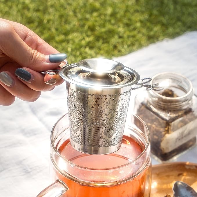 Premium Stainless Steel Tea Infuser Basket Gift Set - Gold Plated Loose Leaf Tea Steeper with Floral Engraved Lid, Stand & Fine Mesh Filter | Best Tea Strainer for Tea Lover