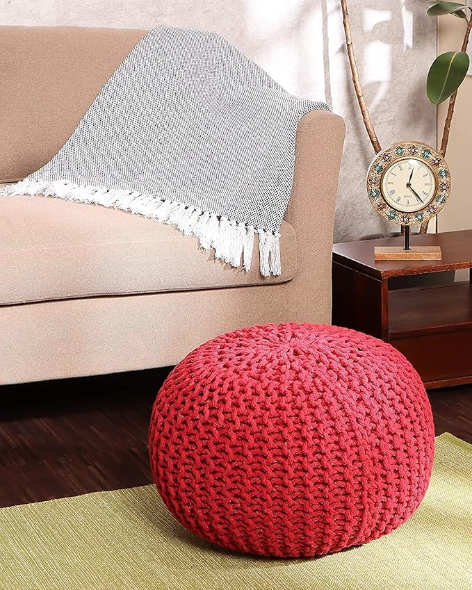 REDEARTH · Round Pouf Ottoman - Hand Knitted Cable Boho Poof - Foot Stool Bean Bag - Home Décor Stuffed Footrest for Living Room - Nursery - Bedroom - 100% Cotton Poufs (19.5"x19.5"x14") - Red - Bloomnest
