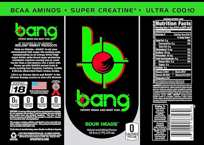 Bang Energy Sour Heads, Sugar-Free Energy Drink, 16-Ounce (Pack of 12) - Bloomnest