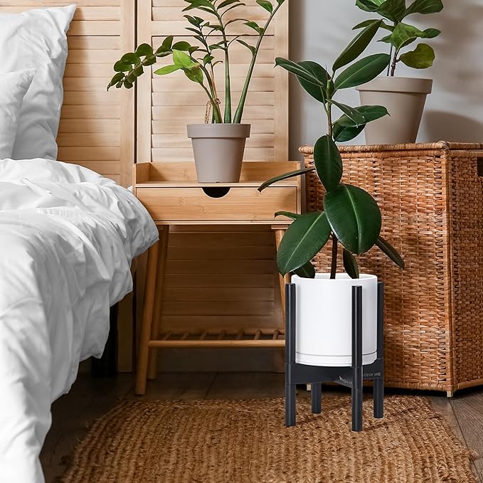 D'vine Dev Ceramic Planter with Ebony Stand - 8 Inch Modern Round Flower Pot with Wood Planter Holder, White, 55-B-M-1 - Bloomnest