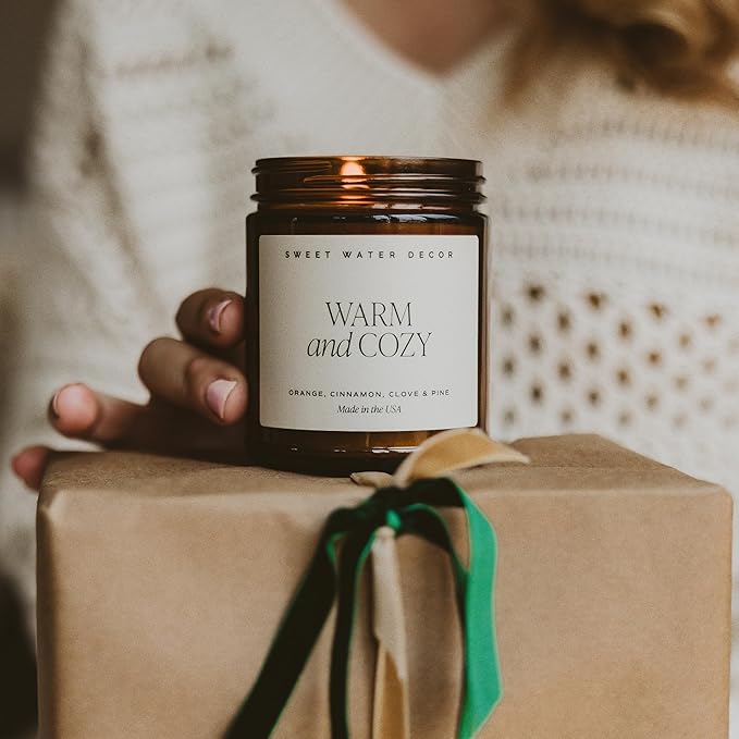 Sweet Water Decor Warm and Cozy Soy Candle - Orange Peel, Cinnamon, Ginger and Clove Scented Candles for Home - 9oz Amber Jar + Black Lid, 40+ Hour Burn Time, Made in The USA - Bloomnest