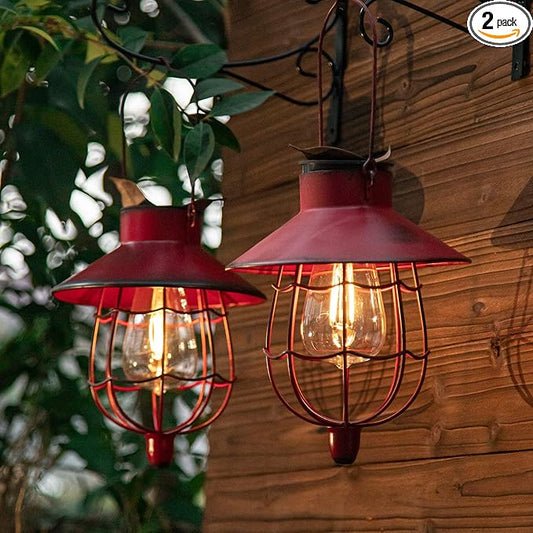YAKii 2 Pack Solar Lantern Hanging Waterproof Outdoor Metal Solar Lamp with Warm White Light Decorate for Yard Garden Pathway Patio Porch Decor (Red) - Bloomnest