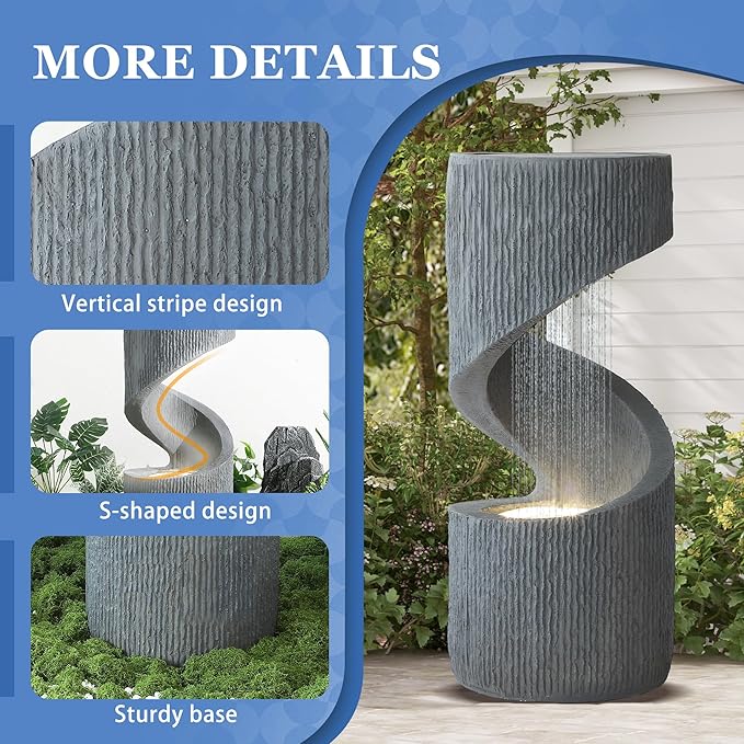 31.9" Outdoor Garden Water Fountain, S-Shaped Cascading Fountains and Waterfalls with LED Lights & Splash-Proof Net, Indoor/Outdoor Floor Standing Water Feature for Patio, Backyard, Home Decor - Bloomnest