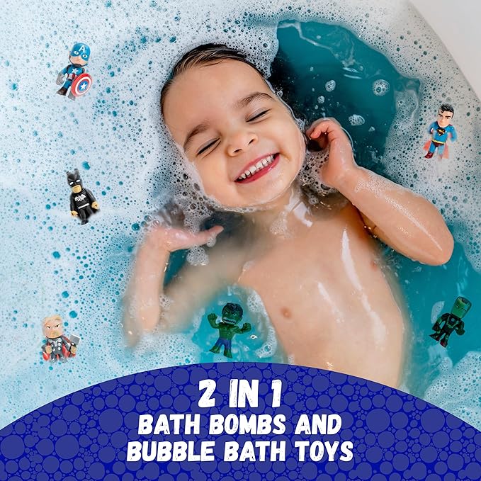 Superhero Boys Bath Bombs with Surprise Hero Toys Inside (12 Pack) - Large Bubble Bomb, Fruity Scents, Relaxing Aromas - Ideal Birthday Gift for Kids by Two Sisters - Bloomnest