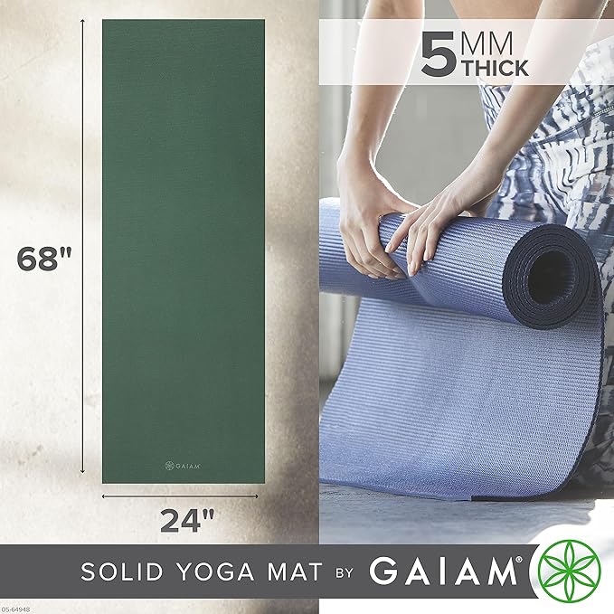 Gaiam Yoga Mat - Premium 5mm Solid Thick Non Slip Exercise & Fitness Mat for All Types of Yoga, Pilates & Floor Workouts (68" x 24" x 5mm) - Bloomnest