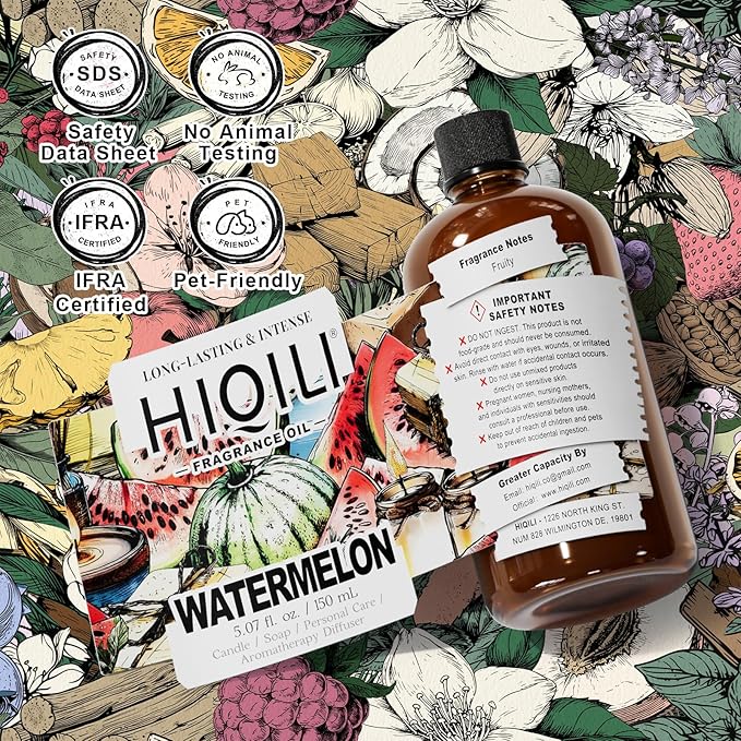HIQILI Watermelon Fragrance Oil for Candle & Soap Making, DIY Fruity Perfume, Bath Bombs, Long-Lasting Diffuser Oil, Skin Care - 5.07 Fl Oz - Bloomnest
