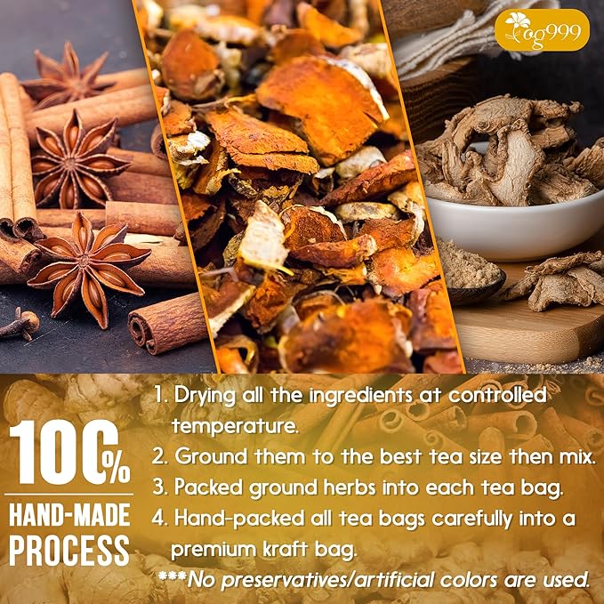 TOG999, Premium 10 Tea Bags Turmeric, Ginger, Cinnamon, 100% Natural, Hand-made Blend of Turmeric, Ginger, and Cinnamon Herbal Tea. Eco-conscious Tea Bags. No Sugar, No Caffeine, No Gluten, Vegan. - Bloomnest