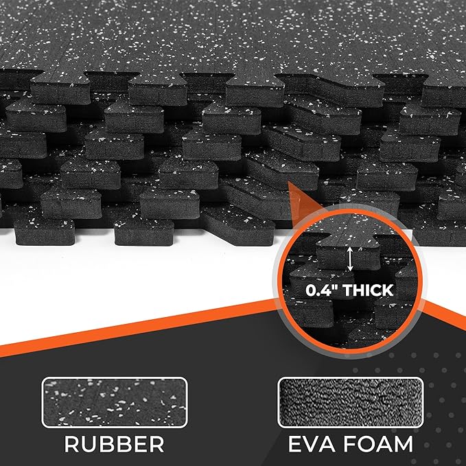 SUPERJARE 0.4'' Thick 6 Pcs 24 Sq Ft Rubber Top Exercise Equipment Mats, High Density EVA Foam Mats with Rubber Top, Interlocking Gym Flooring for Home Gym, Protective Workout Mat, Black/Grey - Bloomnest