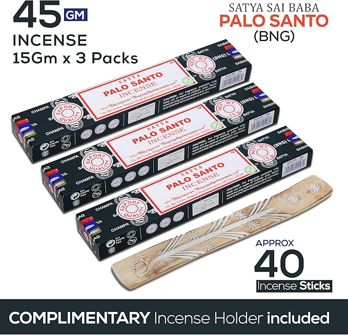 Satya Nagchampa Palo Santo Incense Sticks, Satya Bng (Bangalore) Insenses 15gmx3 Pack (45 GMS) with Raajsee Incense Holder Bundle, Satya Nagchampa Natural Incense - Bloomnest
