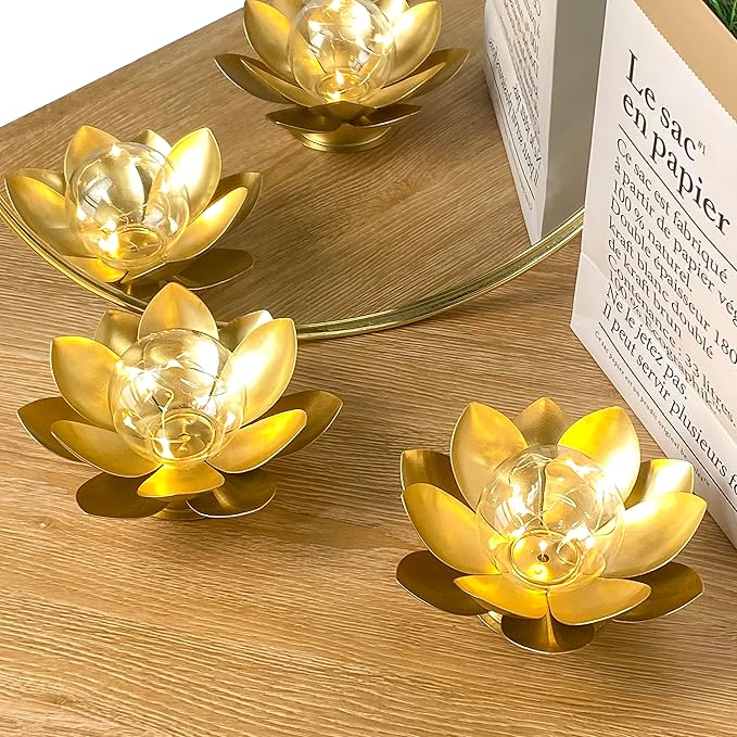 JHY DESIGN Set of 2 Gold Lotus Table Lamp Battery Powered 6''Tall Cordless Lamp Light Battery Operated Great for Living Room Bedroom Weddings Parties Patio Events Indoors Outdoors