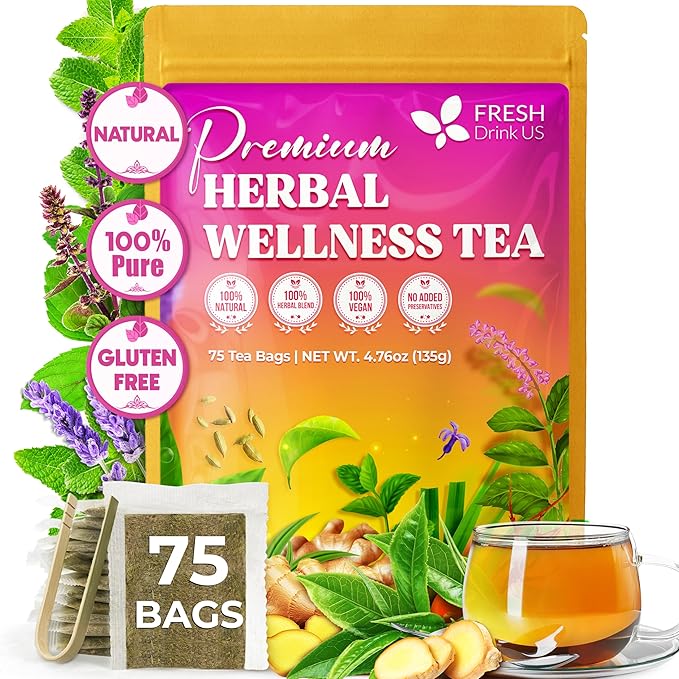 FreshDrinkUS, Premium Herbal Wellness Tea Bags | 75 Count | Blend of Sencha, Ginger, Fennel, Dandelion, Tulsi, Turmeric, Peppermint, Lavender, Lemongrass & Stevia – Herbal Tea. Vegan - Bloomnest