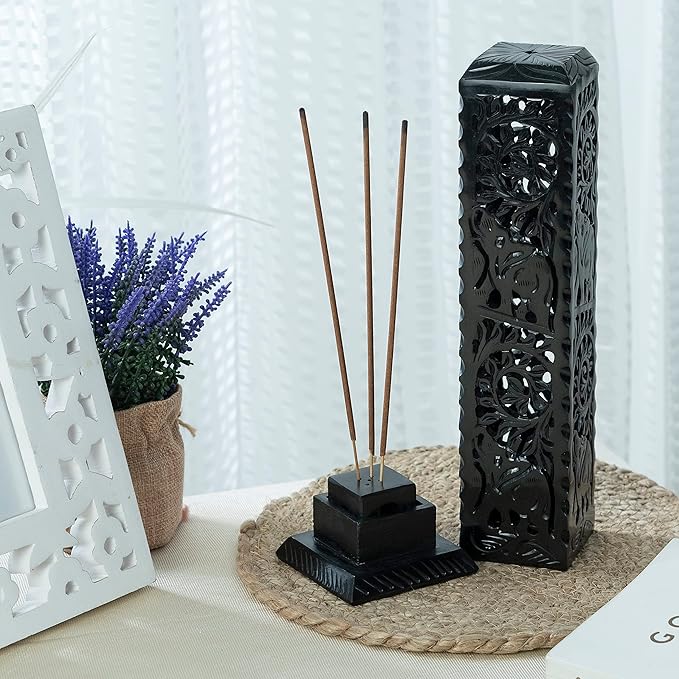 Crocon Black Marble Soapstone Incense Stick Burner Square Shape Leaf & Half Wheel Carving Tower Burner | Tea Light Candle Holder | Decorative Home & Kitchen Size - LxWxH 3X3X11 Inch