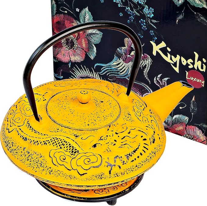 Large Cast Iron Tea Kettle Set - 40oz/1200ml Japanese Teapot with Infuser & Matching Trivet - Tetsubin Iron Tea Pot Japanese Style with Enamel Interior - Handcrafted Dragon Teapot Humidifier - Yellow