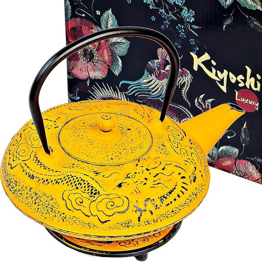 Large Cast Iron Tea Kettle Set - 40oz/1200ml Japanese Teapot with Infuser & Matching Trivet - Tetsubin Iron Tea Pot Japanese Style with Enamel Interior - Handcrafted Dragon Teapot Humidifier - Yellow